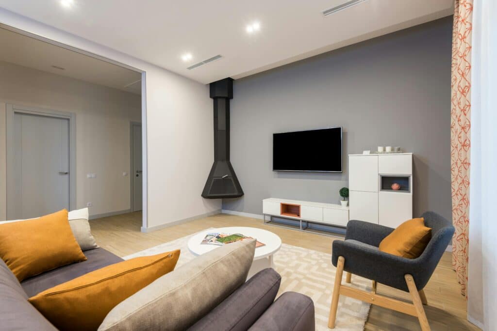 hanging hooded modern fireplace